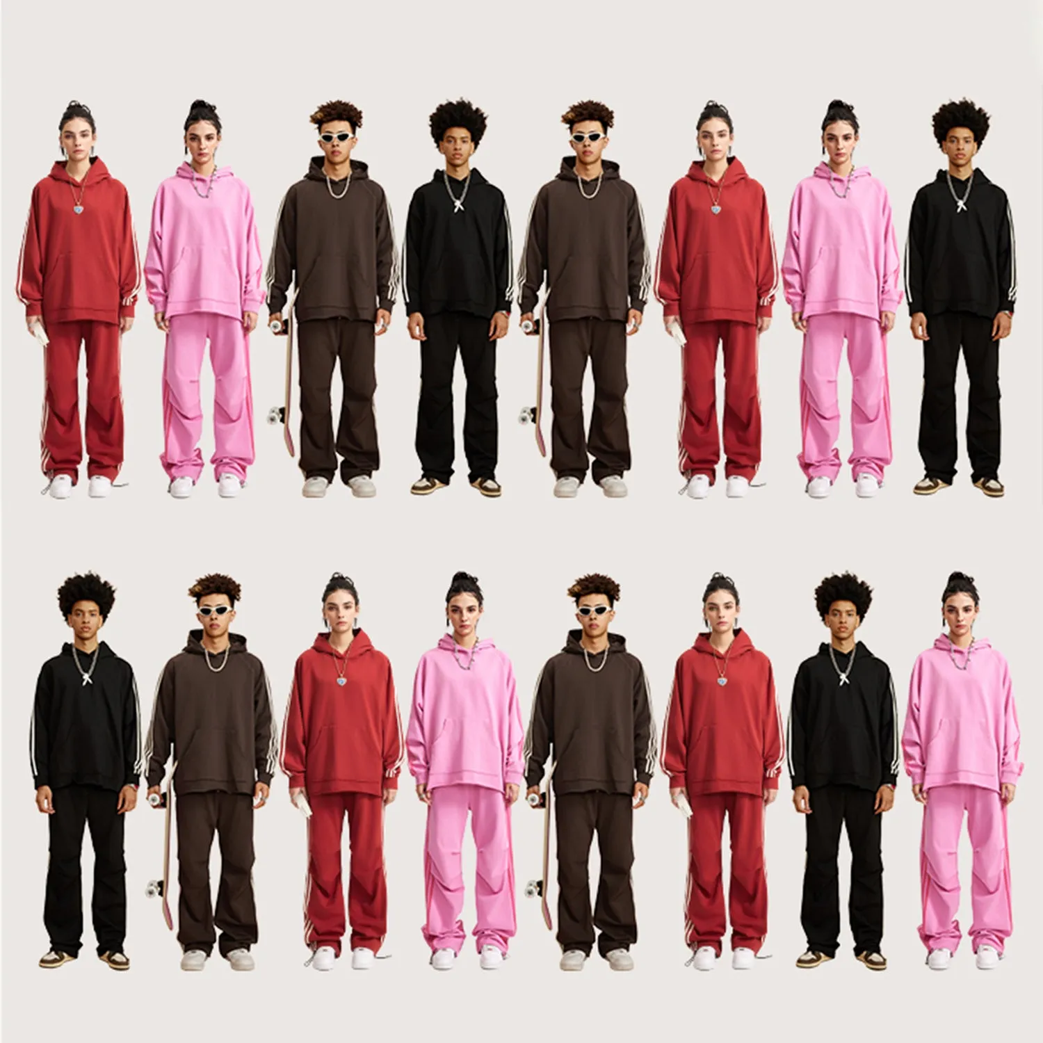 Teddy Rip (Pink)Streetwear Unisex Heavyweight 440G Vintage Three Bar Contrast Wide-Legged Pants